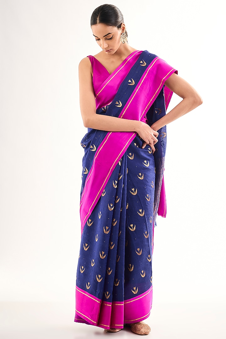 Blue Chanderi Silk Floral Motif Wedding Saree by Raw Mango at Pernia's Pop Up Shop