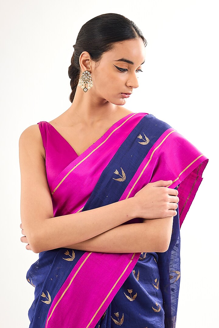 Blue Chanderi Silk Floral Motif Wedding Saree by Raw Mango at Pernia's Pop Up Shop