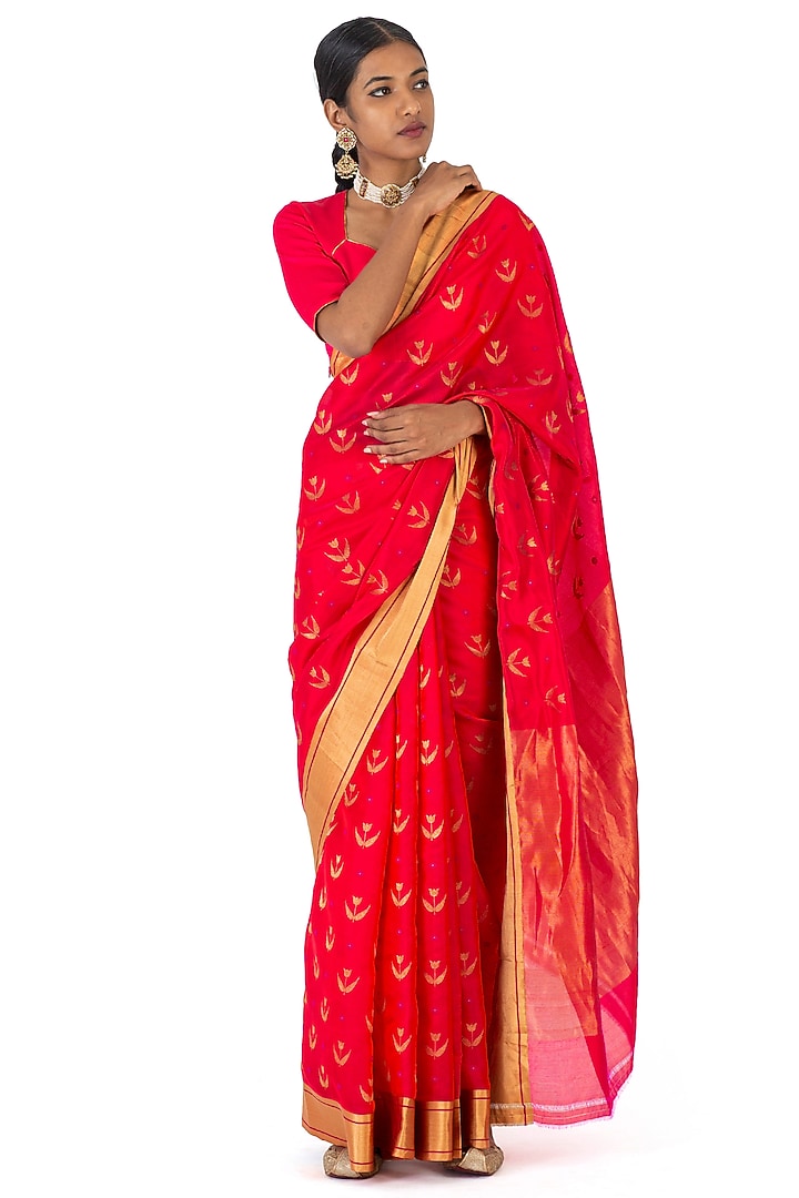 Dark Rani Pink Chanderi Silk Floral Motif Handwoven Wedding Saree by Raw Mango at Pernia's Pop Up Shop
