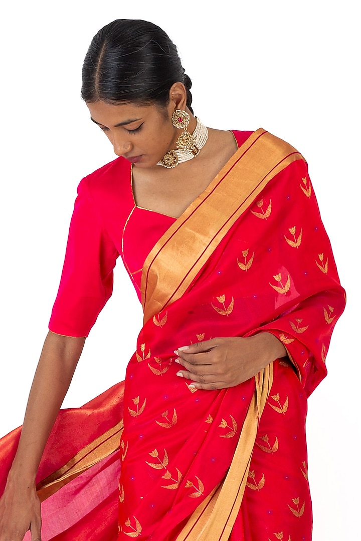 Dark Rani Pink Chanderi Silk Floral Motif Handwoven Wedding Saree by Raw Mango at Pernia's Pop Up Shop