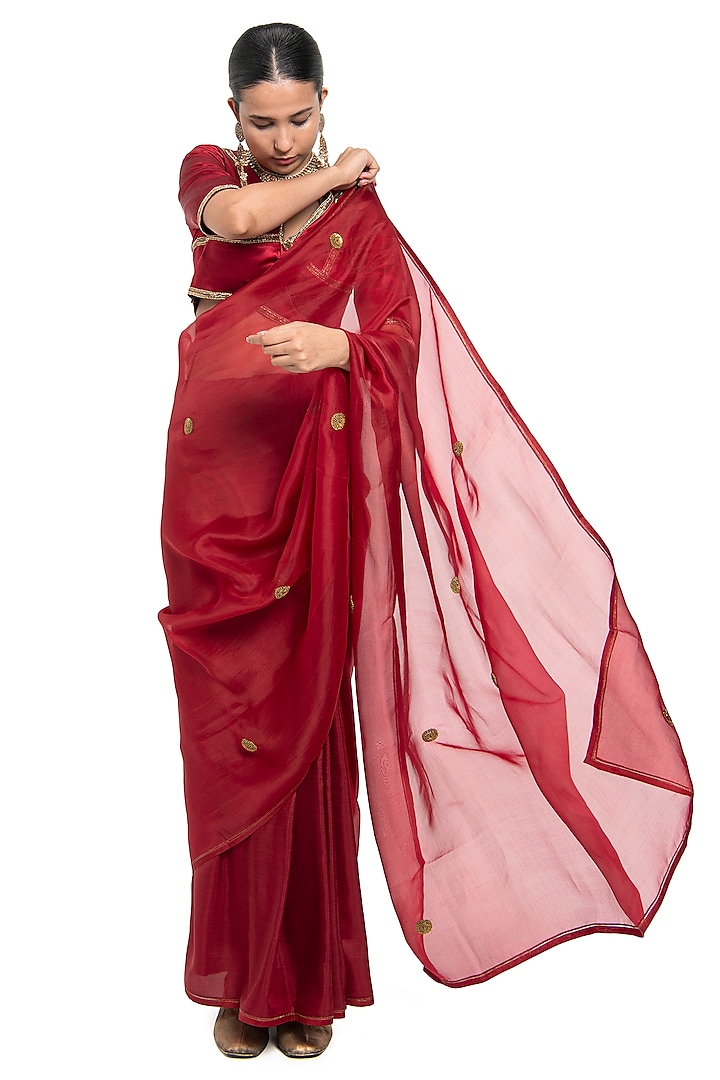 Red Organza Silk & Silk Embroidered Handwoven Saree by Raw Mango at Pernia's Pop Up Shop