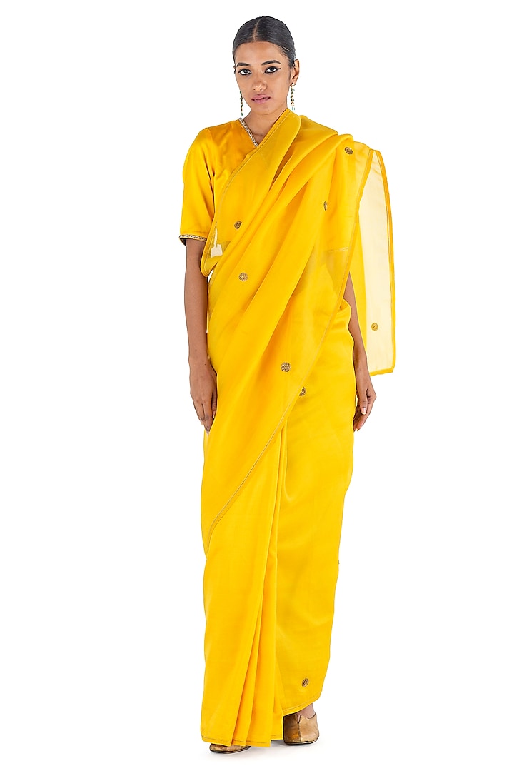 Yellow Organza Silk & Silk Embroidered Handwoven Saree by Raw Mango at Pernia's Pop Up Shop