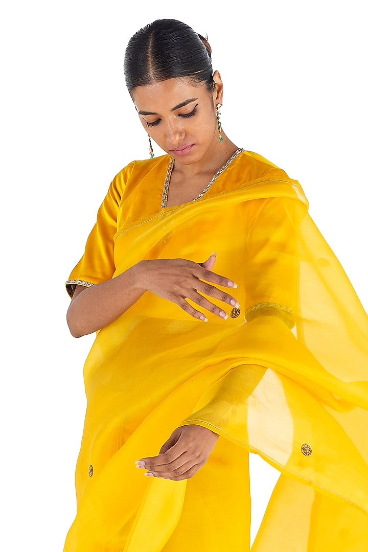 Yellow Organza Silk & Silk Embroidered Handwoven Party Wear Saree by Raw Mango at Pernia's Pop Up Shop