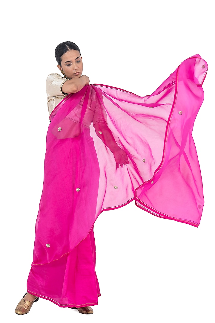 Rani Pink Organza Silk & Silk Embroidered handwoven Saree by Raw Mango at Pernia's Pop Up Shop