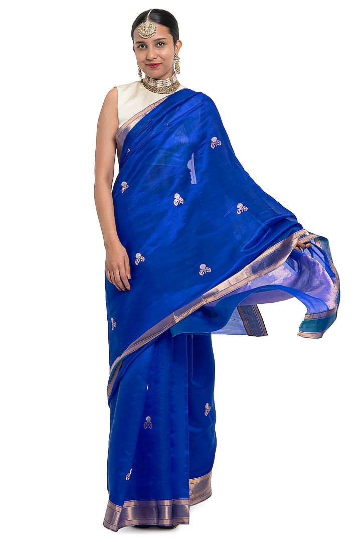 Blue Chanderi Silk Cotton Handwoven Saree by Raw Mango at Pernia's Pop Up Shop