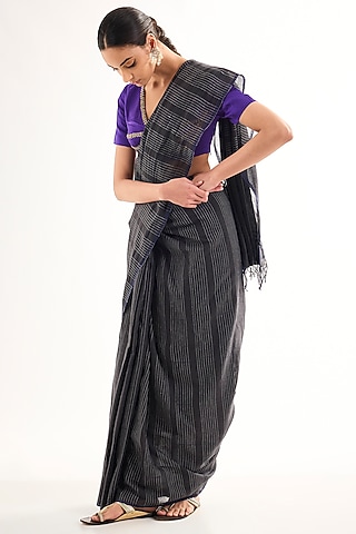 Black Bengal Cotton Striped Handwoven Saree by Raw Mango