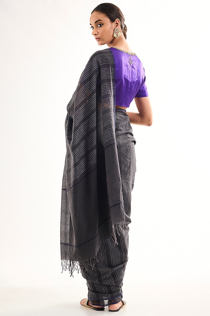 Black Bengal Cotton Striped Handwoven Party Wear Saree by Raw Mango at Pernia's Pop Up Shop