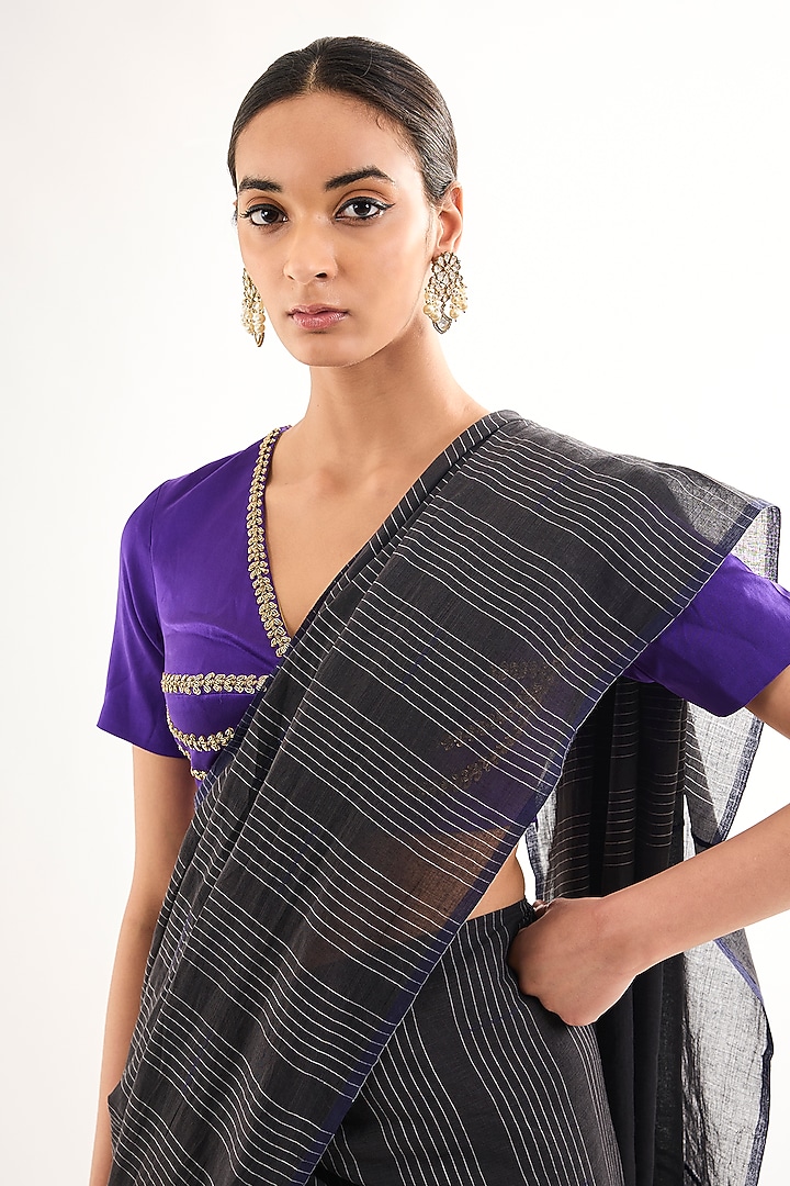 Black Bengal Cotton Striped Handwoven Party Wear Saree by Raw Mango at Pernia's Pop Up Shop
