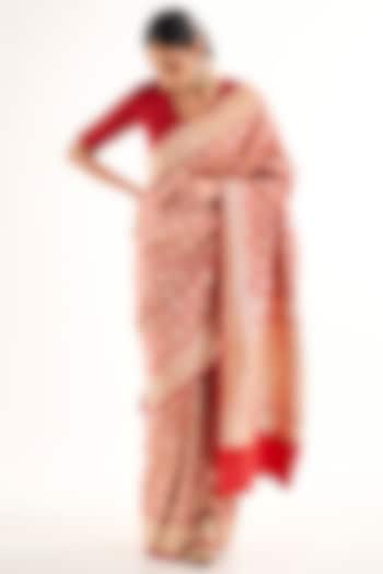 Red Varanasi Silk Brocade Floral Boota Reception Saree by Raw Mango at Pernia's Pop Up Shop