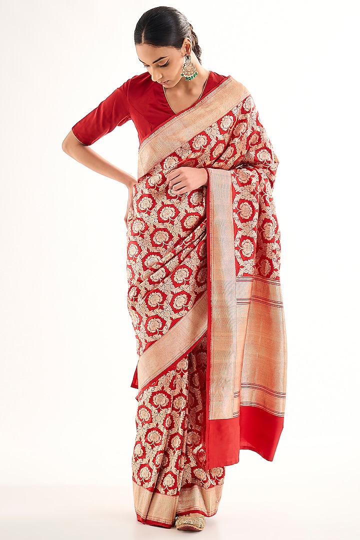 Red Varanasi Silk Brocade Floral Boota Reception Saree by Raw Mango at Pernia's Pop Up Shop