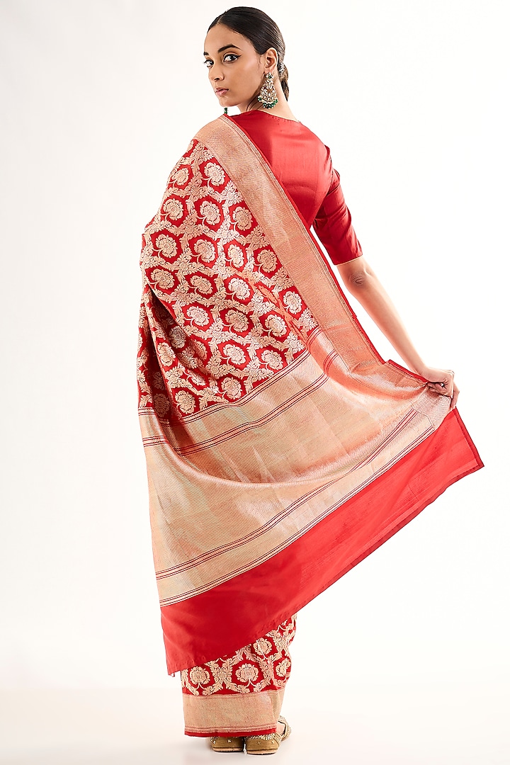 Red Varanasi Silk Brocade Floral Boota Reception Saree by Raw Mango at Pernia's Pop Up Shop