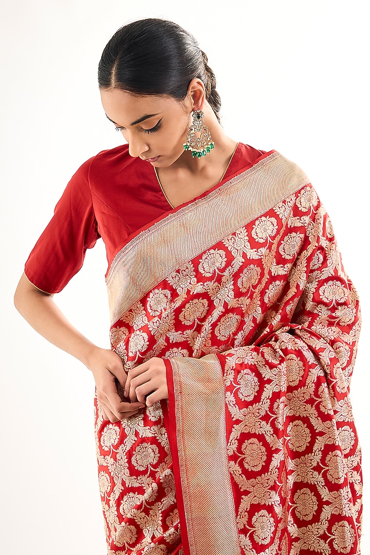 Red Varanasi Silk Brocade Floral Boota Reception Saree by Raw Mango at Pernia's Pop Up Shop
