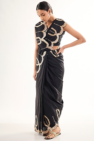 Black Varanasi Silk Brocade Scalloped Saree by Raw Mango