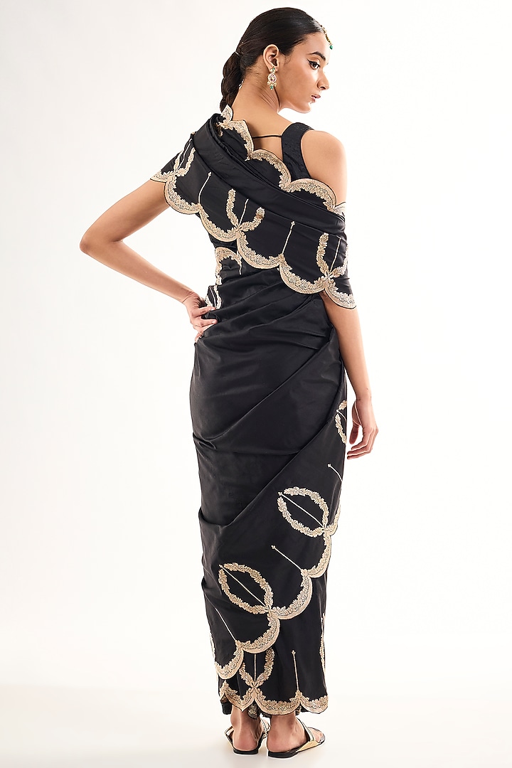 Black Varanasi Silk Brocade Scalloped Wedding Saree by Raw Mango at Pernia's Pop Up Shop