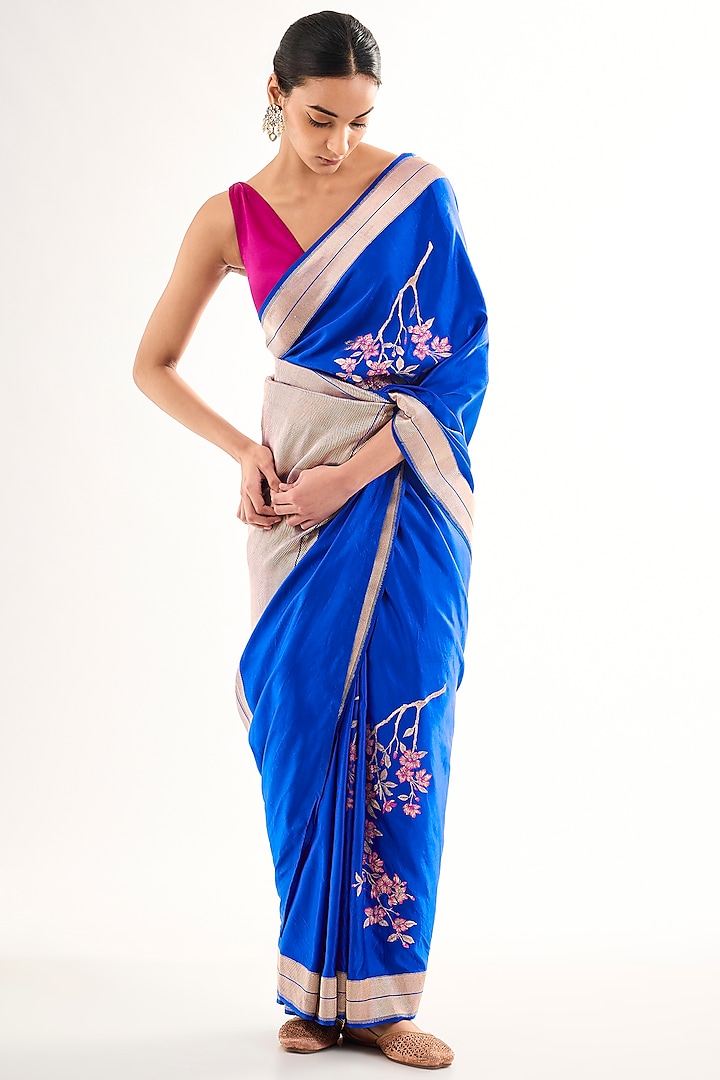 Blue Varanasi Silk Brocade Reception Saree by Raw Mango at Pernia's Pop Up Shop