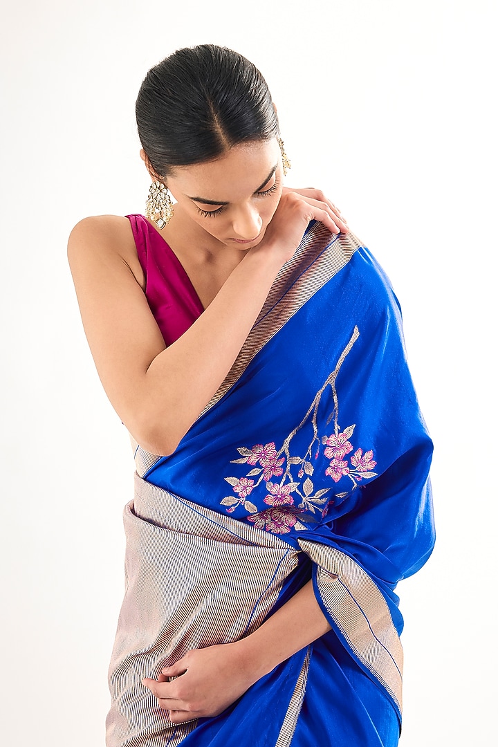 Blue Varanasi Silk Brocade Reception Saree by Raw Mango at Pernia's Pop Up Shop