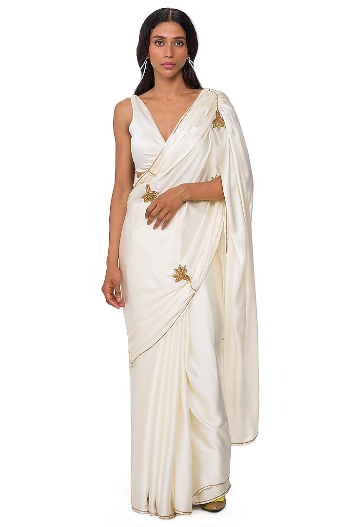 Natural White Satin Silk Zardosi Embroidered Handwoven Saree by Raw Mango at Pernia's Pop Up Shop