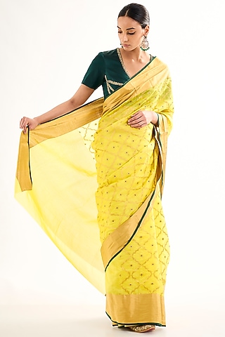 Yellow Chanderi Silk Boota Saree by Raw Mango