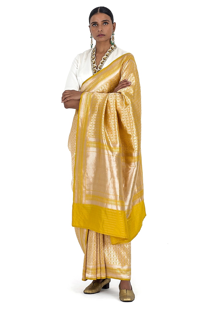 Rajasthani Yellow Varanasi Silk Brocade Paisley Motif Saree by Raw Mango at Pernia's Pop Up Shop