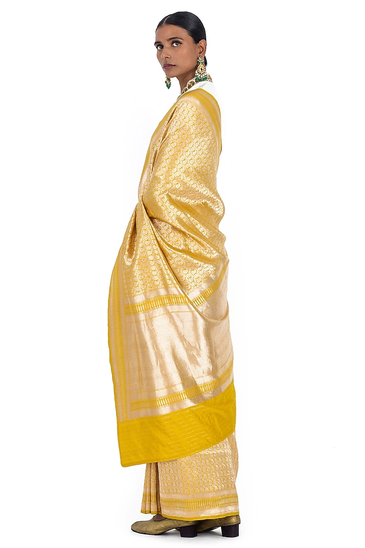 Rajasthani Yellow Varanasi Silk Brocade Paisley Motif Wedding Saree by Raw Mango at Pernia's Pop Up Shop