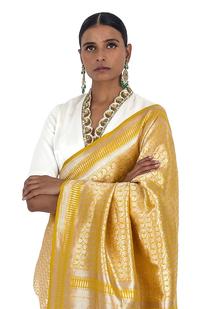 Rajasthani Yellow Varanasi Silk Brocade Paisley Motif Wedding Saree by Raw Mango at Pernia's Pop Up Shop
