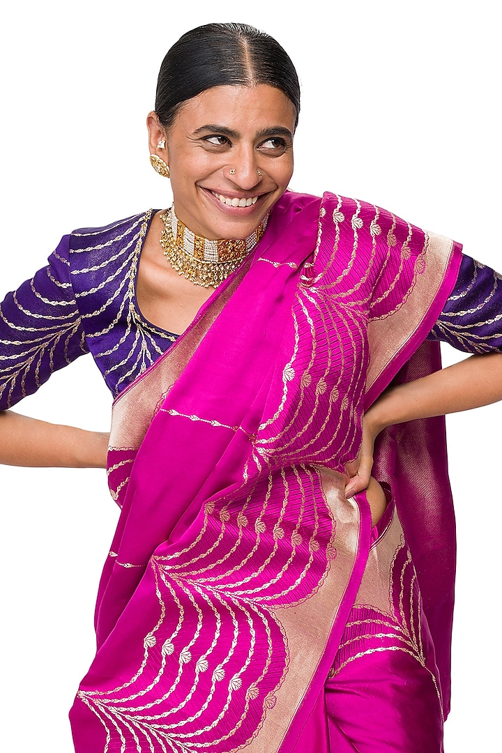 Gulkand Pink Varanasi Silk Brocade Handwoven Reception Saree by Raw Mango at Pernia's Pop Up Shop