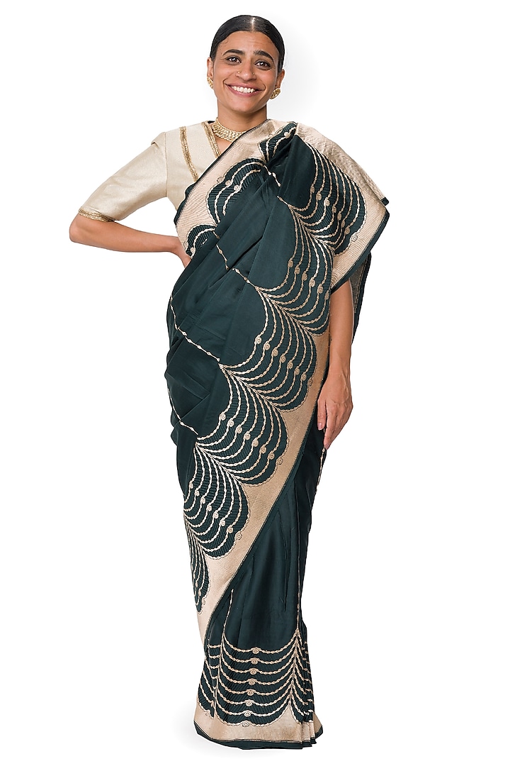 Dark Green Varanasi Silk Brocade Handwoven Saree by Raw Mango at Pernia's Pop Up Shop