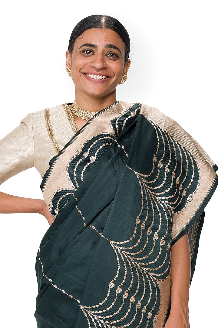 Dark Green Varanasi Silk Brocade Handwoven Reception Saree by Raw Mango at Pernia's Pop Up Shop