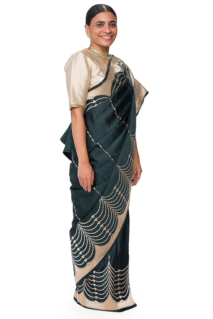 Dark Green Varanasi Silk Brocade Handwoven Reception Saree by Raw Mango at Pernia's Pop Up Shop