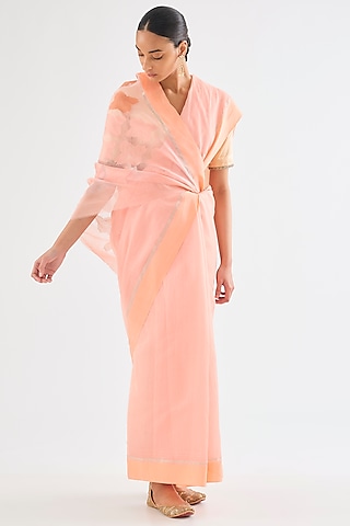 Pale Pink Chanderi Cotton Silk Phulkari Embroidered Saree by Raw Mango