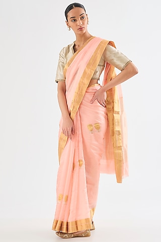 Pale Pink Chanderi Silk Lotus Boota Saree by Raw Mango