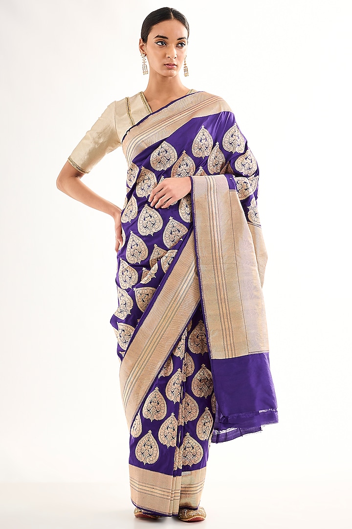 Purple Varanasi Silk Brocade Floral Boota Reception Saree by Raw Mango at Pernia's Pop Up Shop