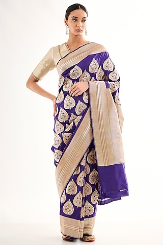 Purple Varanasi Silk Brocade Floral Boota Saree by Raw Mango