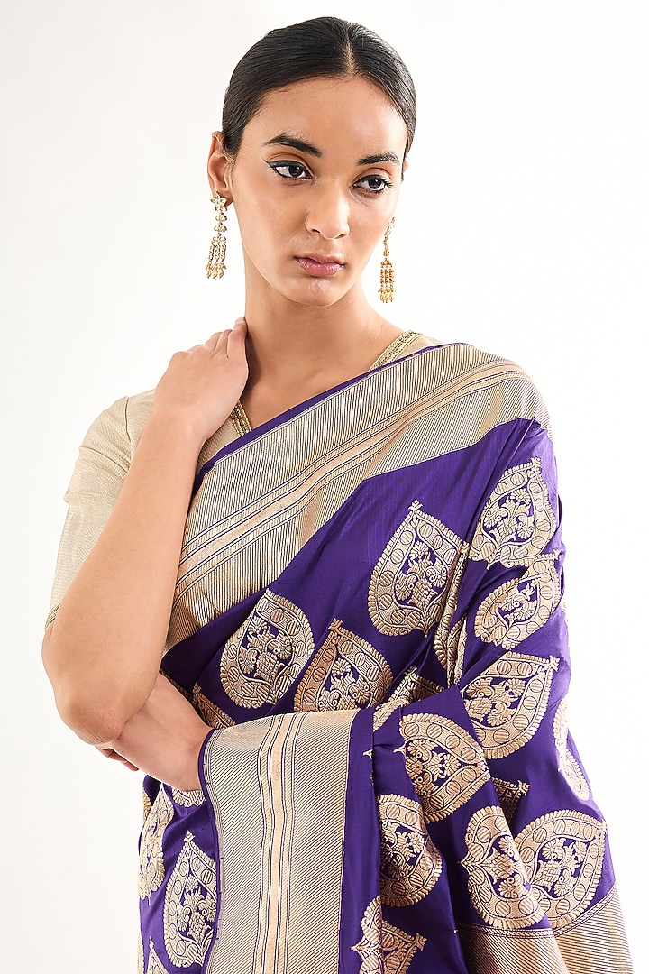 Purple Varanasi Silk Brocade Floral Boota Reception Saree by Raw Mango at Pernia's Pop Up Shop