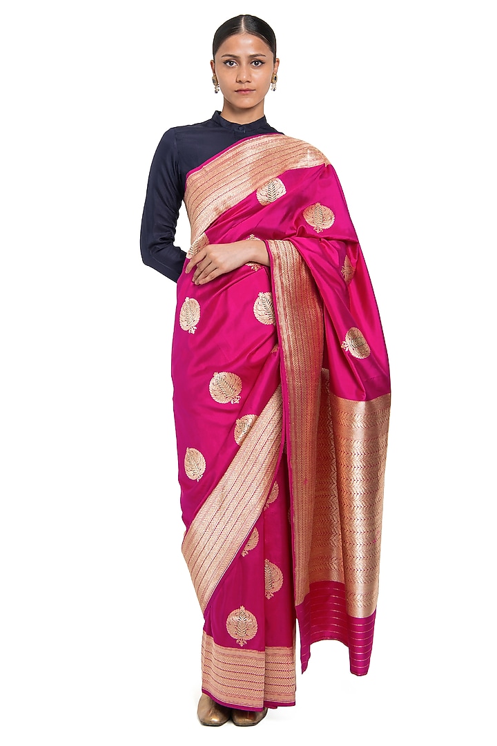 Rani Pink Varanasi Silk Brocade Gold Motif Wedding Saree by Raw Mango at Pernia's Pop Up Shop