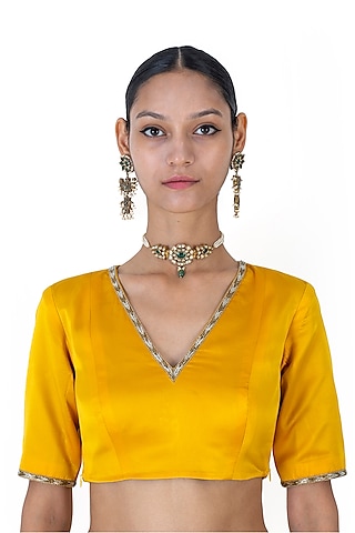 Yellow Satin Silk Hand Embroidered Blouse by Raw Mango