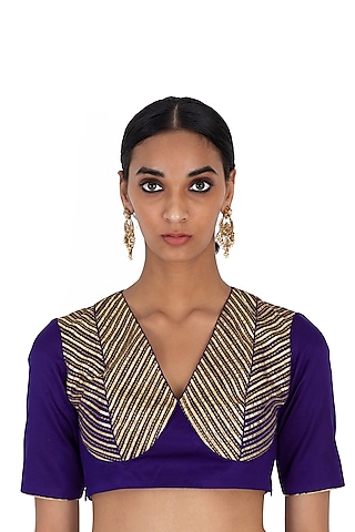 Purple Silk Embroidered Striped Blouse by Raw Mango