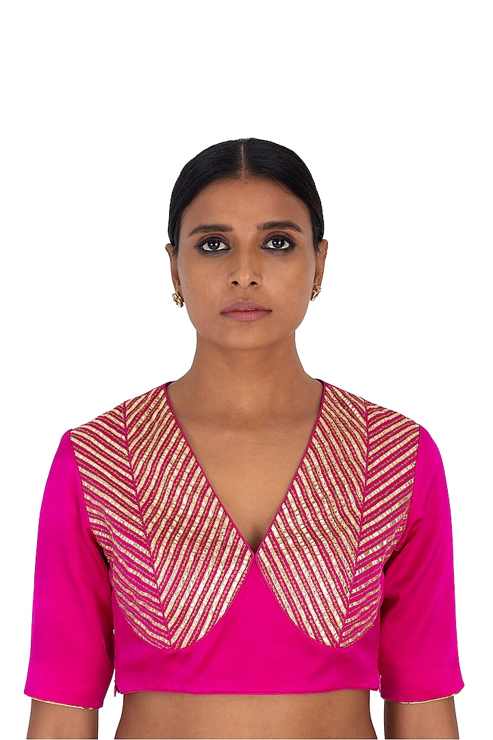 Rani Pink Silk Embroidered Striped Blouse by Raw Mango at Pernia's Pop Up Shop