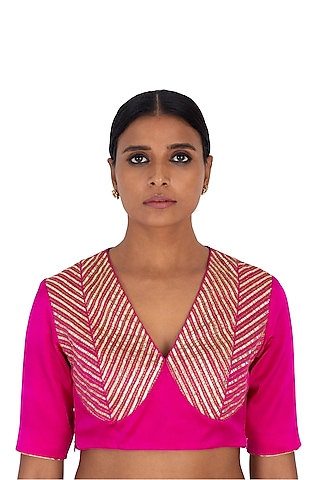Rani Pink Silk Embroidered Striped Blouse by Raw Mango