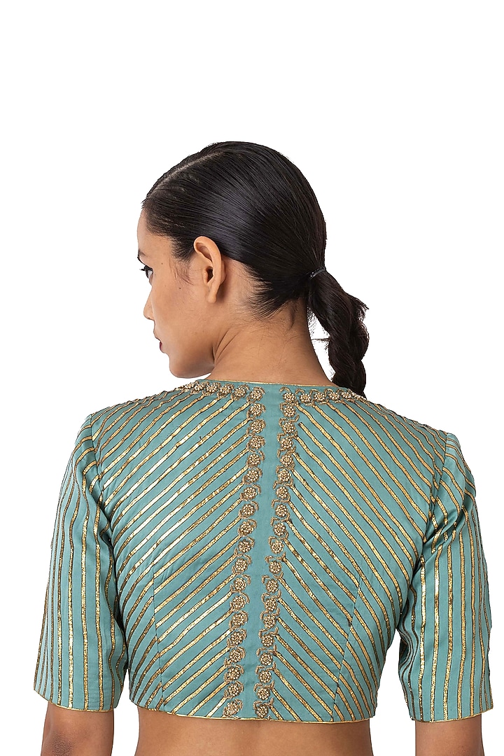 Pale Blue Satin Silk Aari Embroidered Blouse by Raw Mango at Pernia's Pop Up Shop