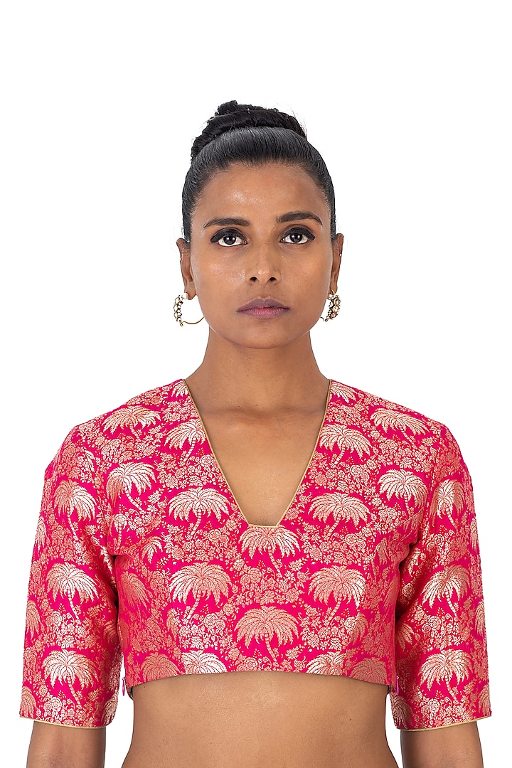 Rani Pink Varanasi Silk Brocade Hand Embroidered Blouse by Raw Mango at Pernia's Pop Up Shop