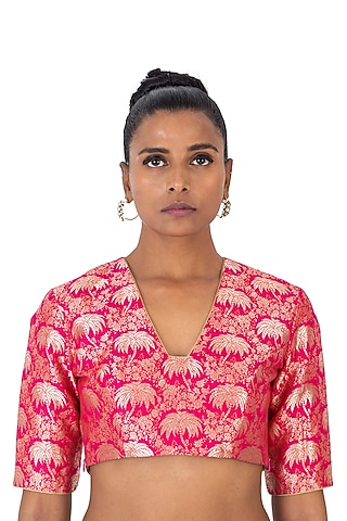 Rani Pink Varanasi Silk Brocade Hand Embroidered Blouse by Raw Mango