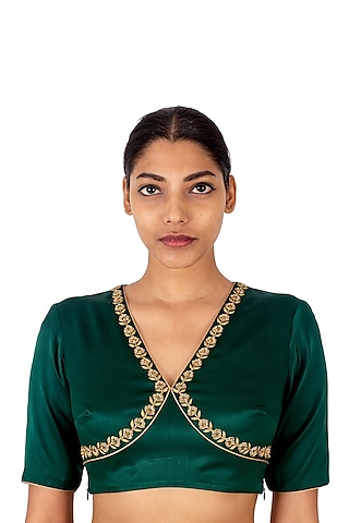 Green Satin Silk Hand Embroidered Blouse by Raw Mango