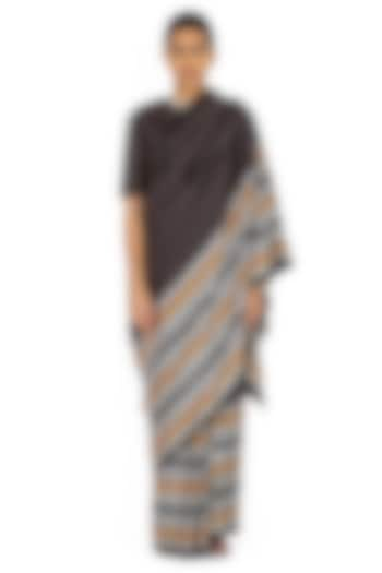 Charcoal Grey Silk Striped Handwoven Saree by Raw Mango at Pernia's Pop Up Shop