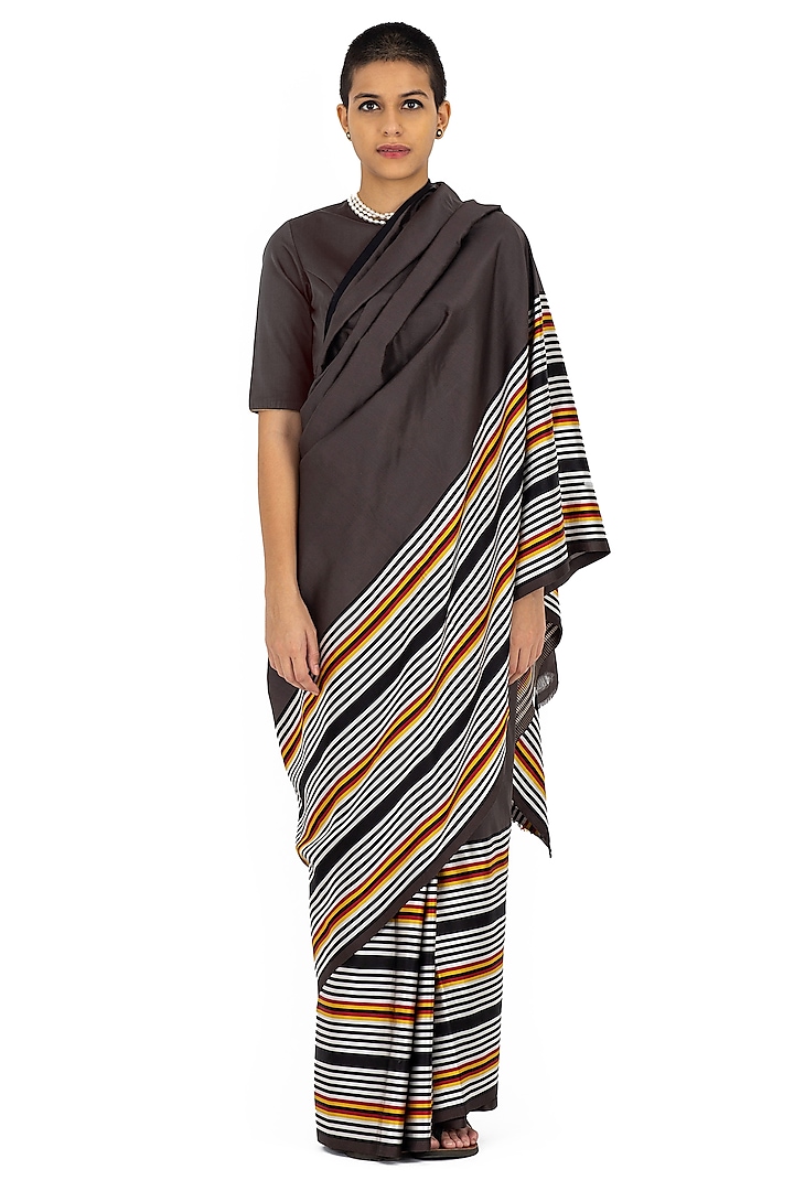 Charcoal Grey Silk Striped Handwoven Saree by Raw Mango at Pernia's Pop Up Shop