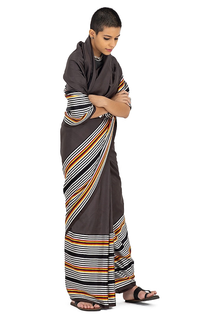 Charcoal Grey Silk Striped Handwoven Wedding Saree by Raw Mango at Pernia's Pop Up Shop