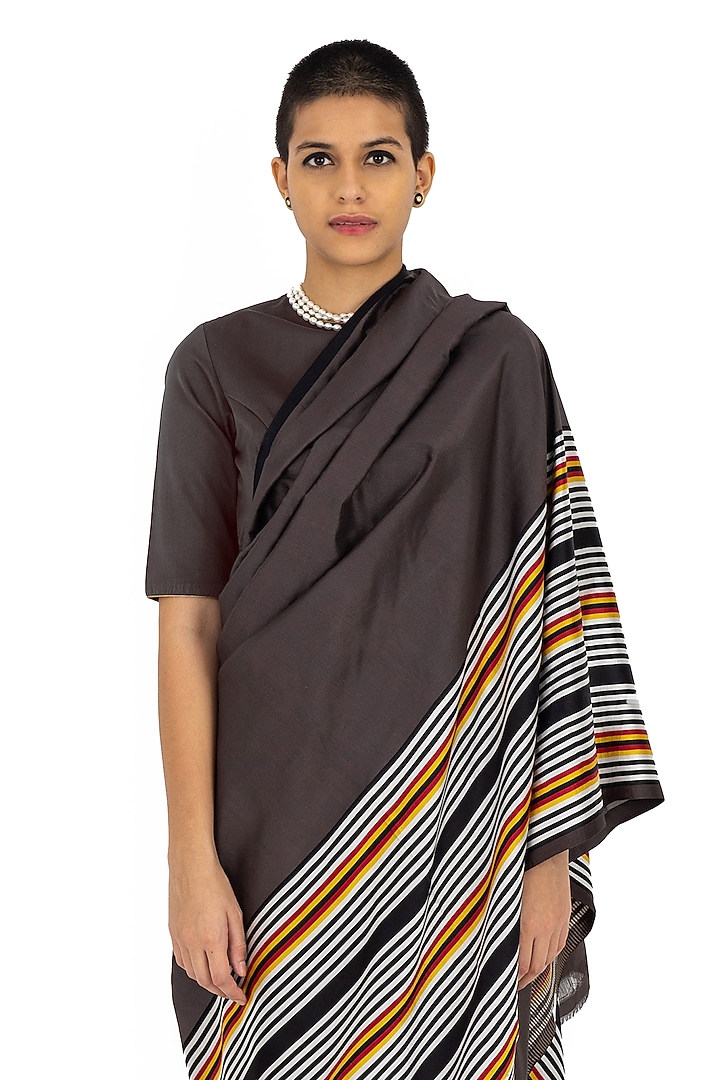 Charcoal Grey Silk Striped Handwoven Wedding Saree by Raw Mango at Pernia's Pop Up Shop