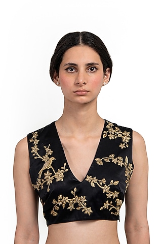 Black Satin Silk Zardosi Embroidered Blouse by Raw Mango
