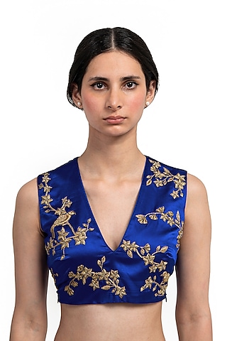 Blue Satin Silk Zardosi Embroidered Blouse by Raw Mango