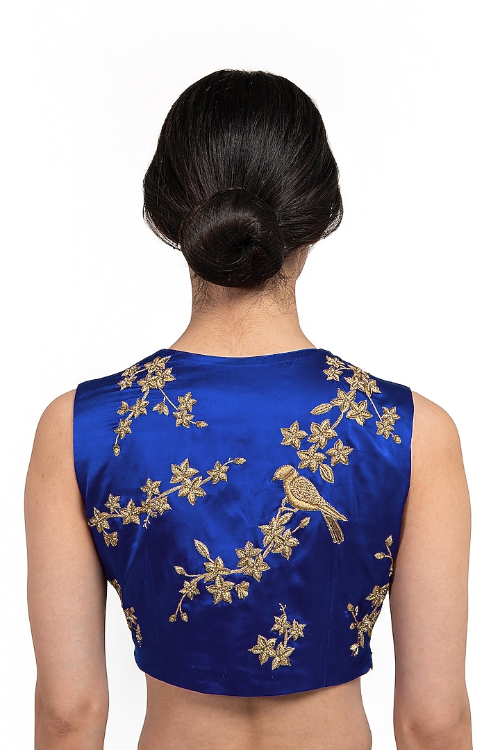 Blue Satin Silk Zardosi Embroidered Blouse by Raw Mango at Pernia's Pop Up Shop